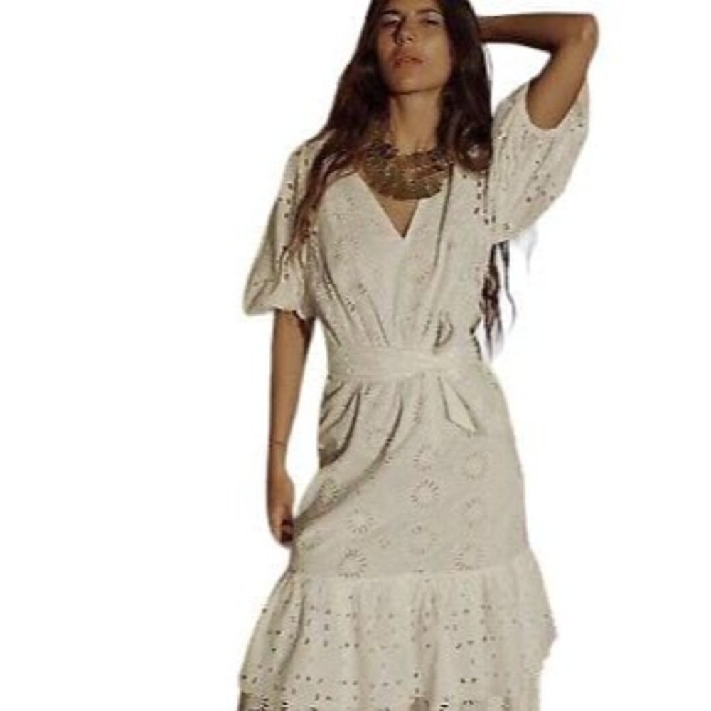 ZARA EMBROIDERED DRESS WITH STRING BELT OYSTER WHITE SUMMER WHITE SIZE 2796 979